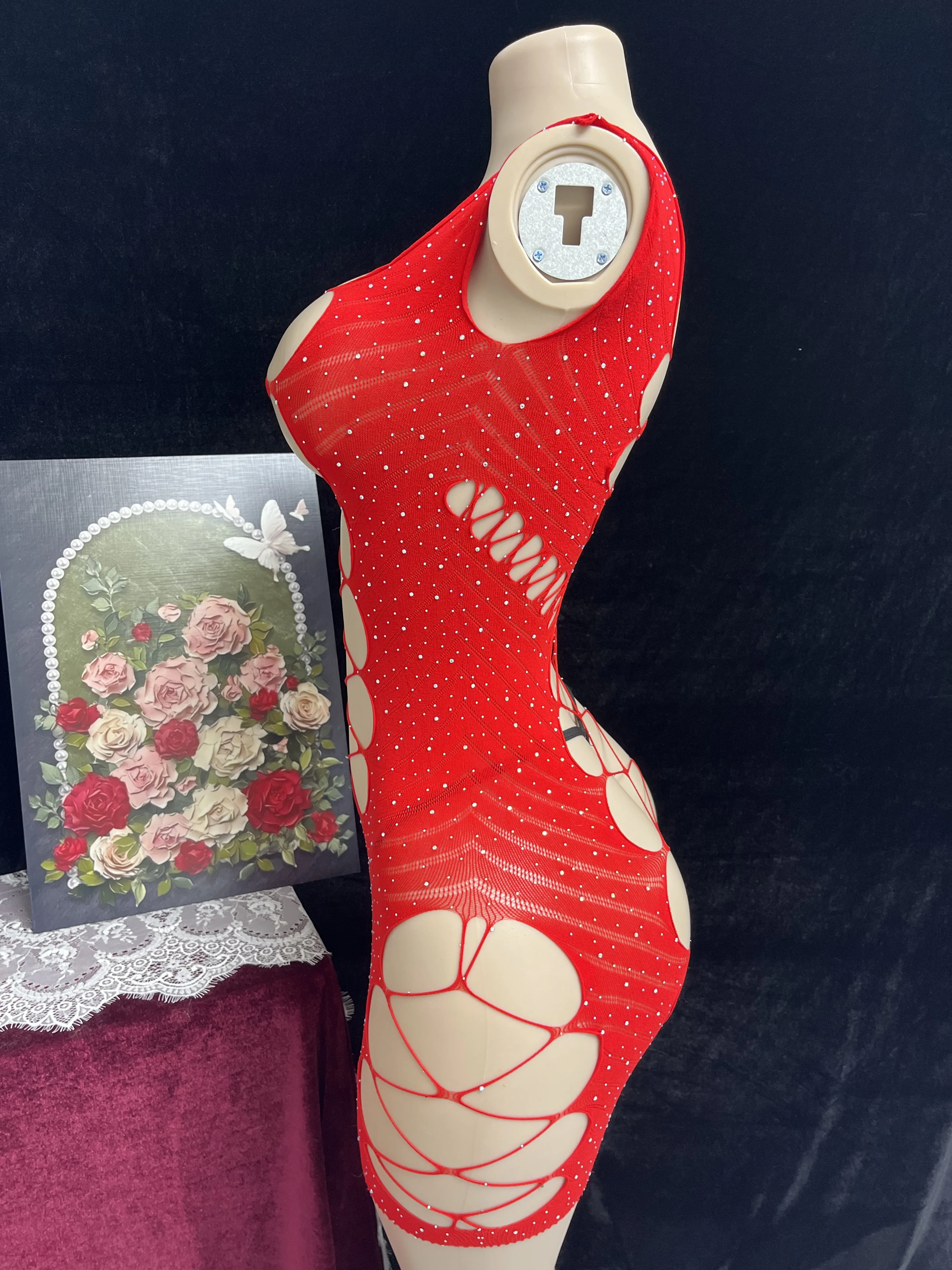 Erotic underwear, sexy cut-out erotic net clothes, nightclub hot diamond starry sky see-through body-hugging skirt