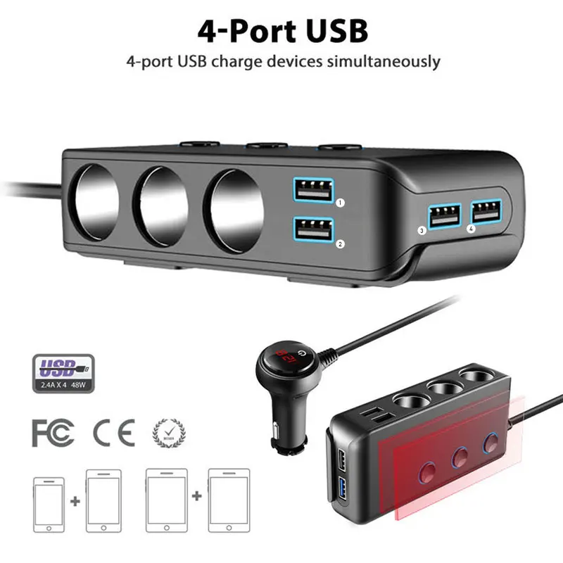 SEAMETAL Car Charger QC3.0 Fast Charging Cigarette Lighter Adapter 4 USB Ports 120W Phone Charger with Switch Voltage Display