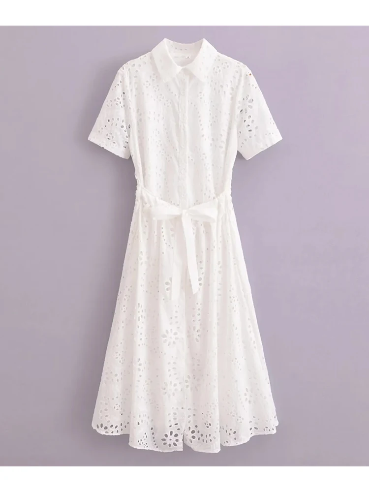 Senhora elegante verão escavar vestido longo branco estampado com blet, estilo de camisa da moda, manga curta, vestidos soltos retos