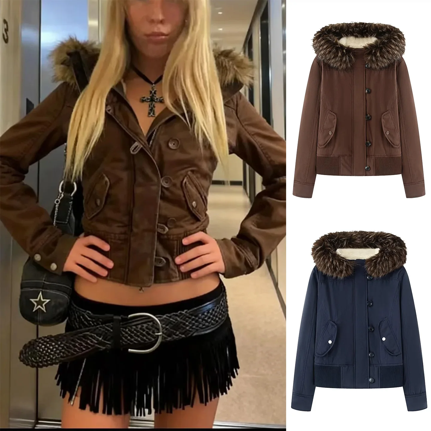 

Осенне-зимнее женское тонкое теплое съемное хлопковое пальто с воротником из овечьего меха с капюшоном, повседневное пальто из полиэфирного волокна