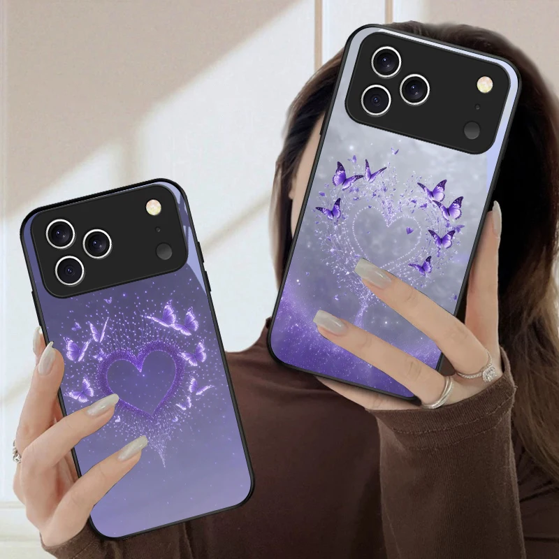

Butterfly Purple Heart For iPhone 17 Pro Max 16 E 15 Plus 14 Pro 13 12mini 11 Air XS Max 5 6 7 8Plus SE Black Glass Phone Case