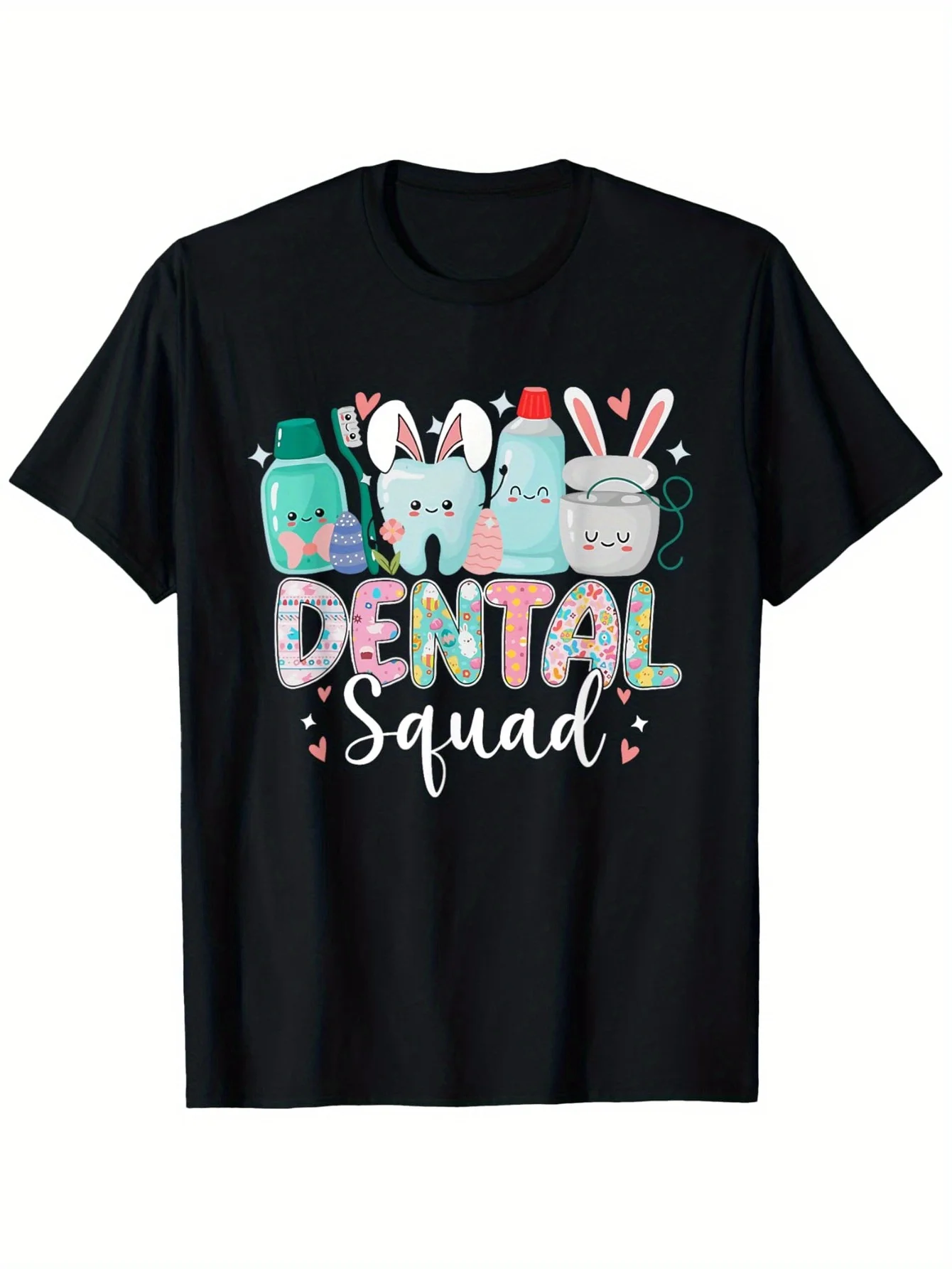 Dental Squad Graphic T-Shirt – Fun 100% Cotton Round Neck Tee with Colorful Tooth & Bunny Design, Perfect for Easter, Halloween,