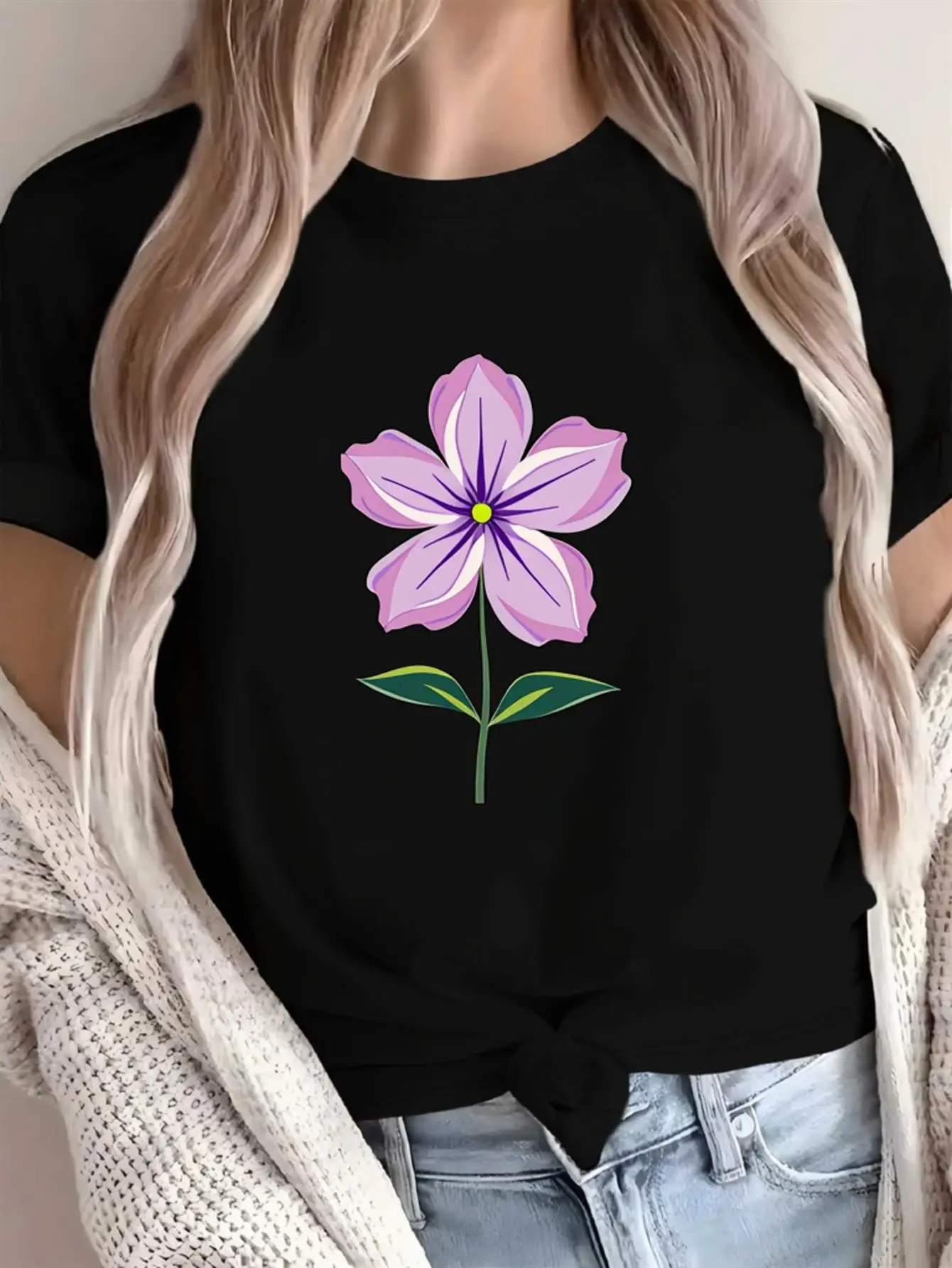 2026 Black Sleeved for Women and Featuring A Pink Flower or Letter Design Round Neck with A Fit Suitable Streetwear Beach Outing