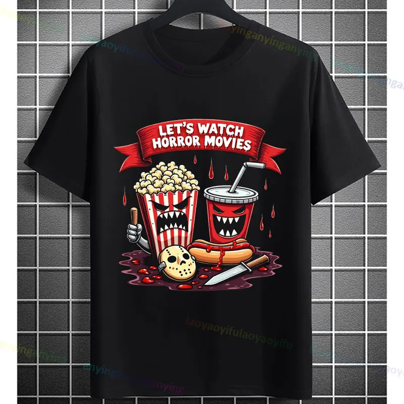 Funny Horror Movie Nights Graphic T-shirt with Film Snacks Desgin Short Sleeve 100% Cotton Humor Style Casual Streetwear Tshirt