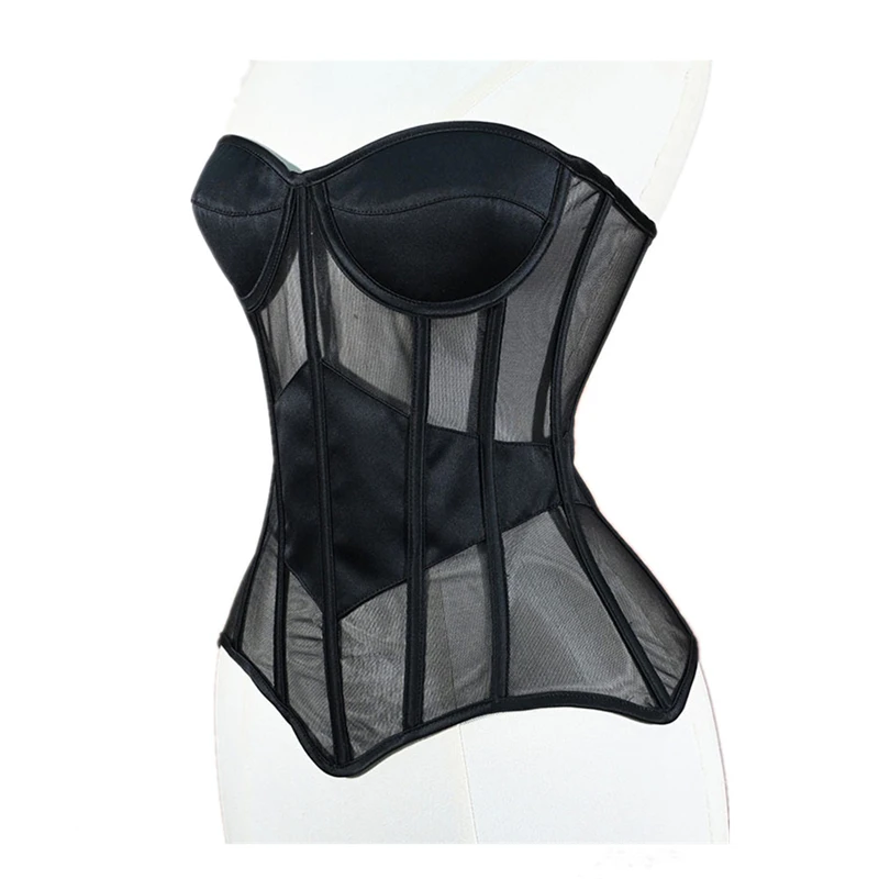 

Сексуальный женский корсет-бюстье без бретелек с бюстгальтером, черный дышащий сетчатый корсет на шнуровке, лифы на талии, формирователь тела, корсеты для женщин
