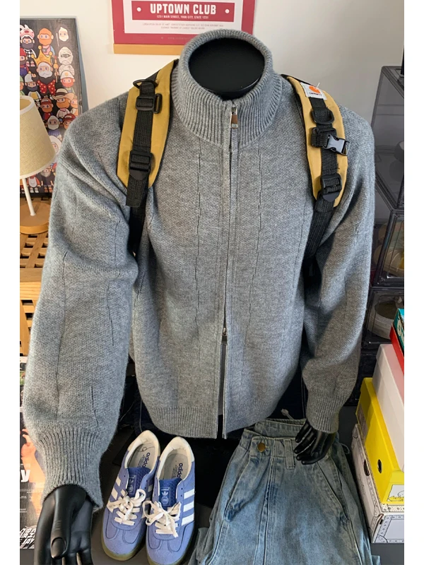 

Мужской кардиган на молнии в американском стиле, повседневный вязаный свитер с воротником-стойкой, осенне-зимняя модная одежда для пар