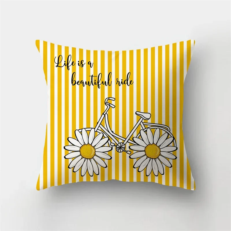 Modern Yellow Daisy Flower Cushion Cover Creative Letter Print Pillowcase 45x45cm  Home Decor  Textile Finished