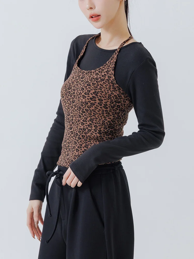

Queenop Leopard Print Netie Design Vest New Autumn Winter Women's Faion Casual Fit Nylon ort Length Micro Stretch