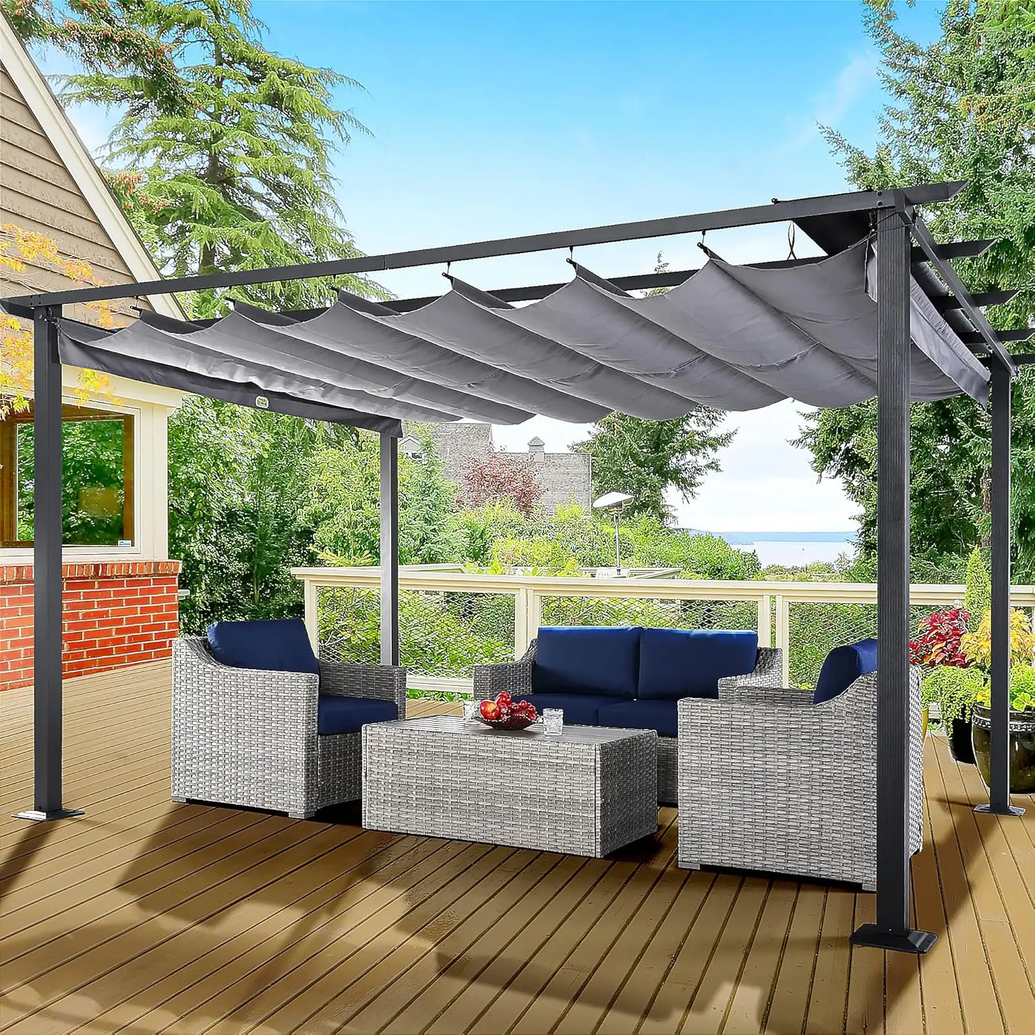 10' X 13' Outdoor Pergola Retractable Pergola Canopy for Deck, Backyard, Patio, Aluminum Pergola with Sun Canopy, (Grey)