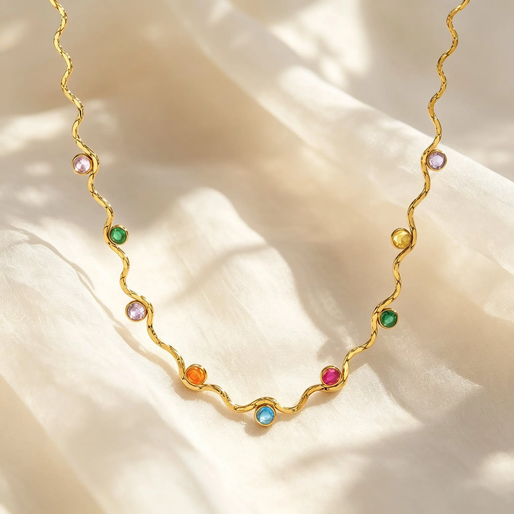 18K Gold Plated Exquisite Wave Chain Colorful Zircon Charm Necklace, Stainless Steel Fashion Bohemian Jewelry for Women Gift