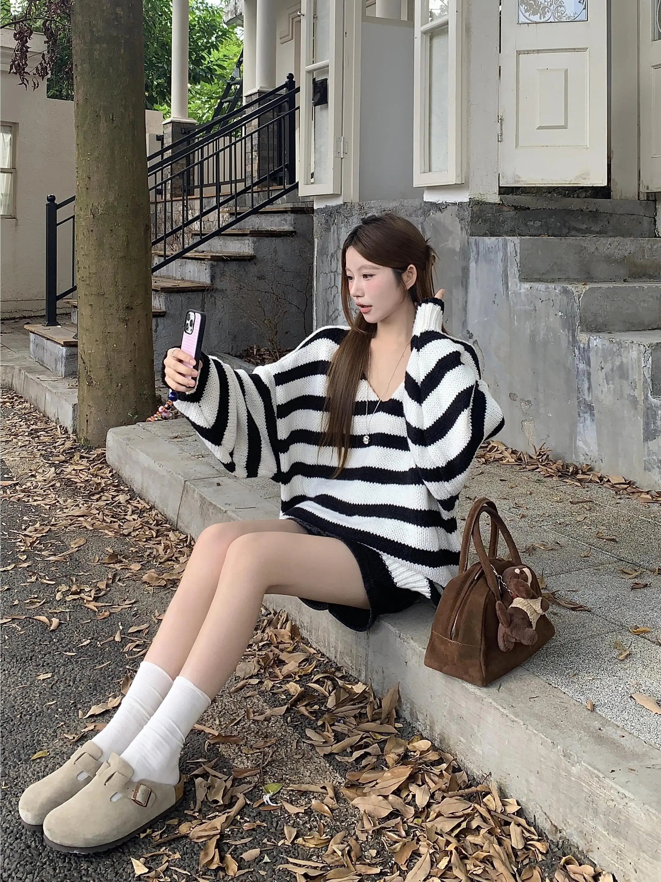 Casual Striped Color Blo V-Ne Oversized Sweater Women's Autumn Winter Mid-Length Hooded Outerwear Long Sve T-irt