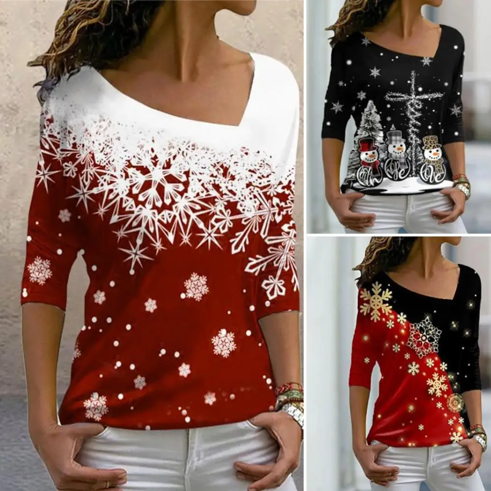 Skew Collar Long Sleeves Slim Fit Christmas Top Women 3D Snowflake Patchwork Print Casual Pullover Top Female Clothing Pulllover