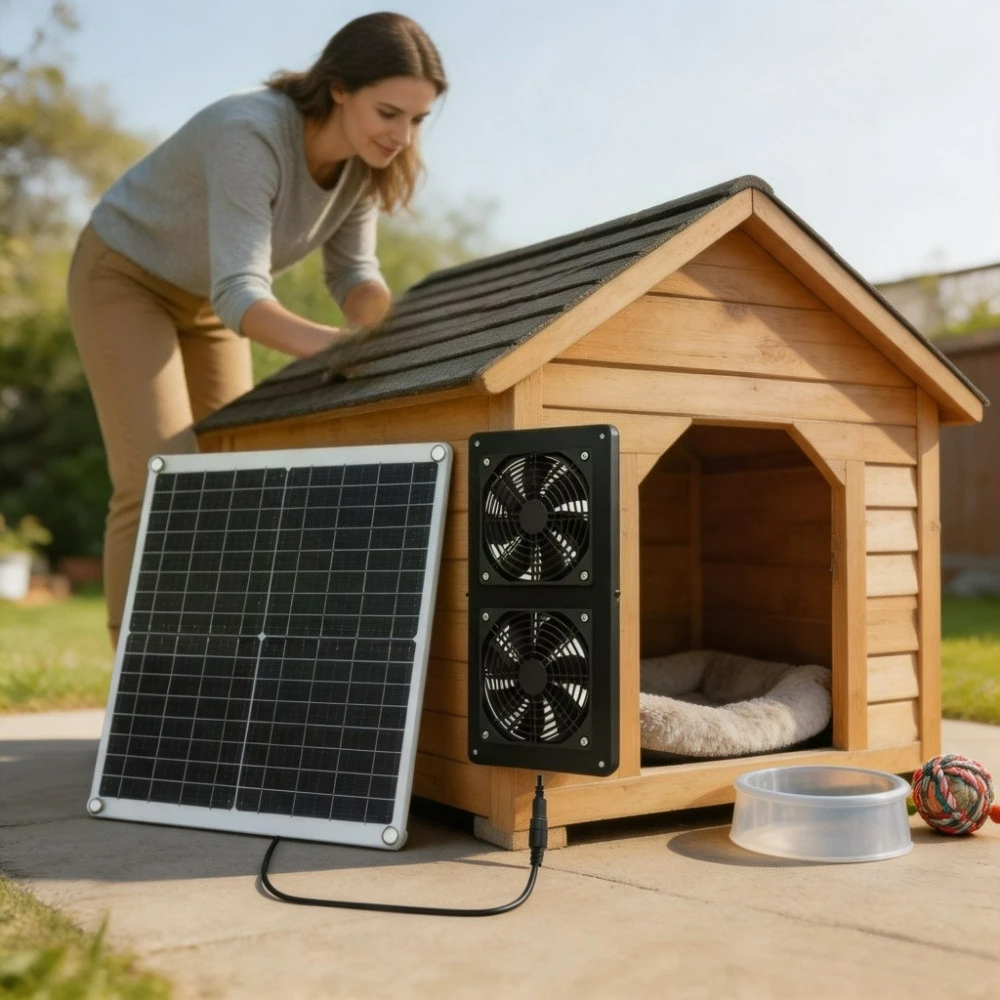 Outdoor Solar Dual Exhaust Fan Kit IP65 Waterproof 20W Monocrystalline Solar Panel for RV Camper Greenhouse Chicken Coop Shed