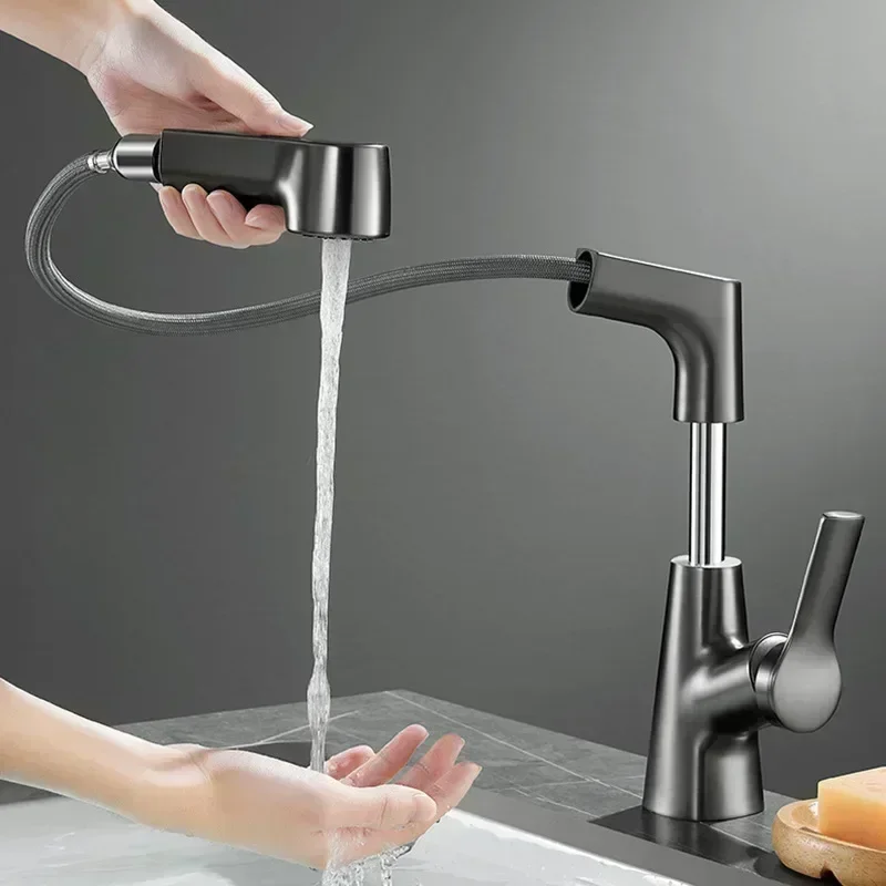 Rotary Pull-out Type Bathroom Faucet Hot and Cold Water Outlet Sink Faucet Three Mode Water Outlet Bathroom Sink Faucet Tap Tap