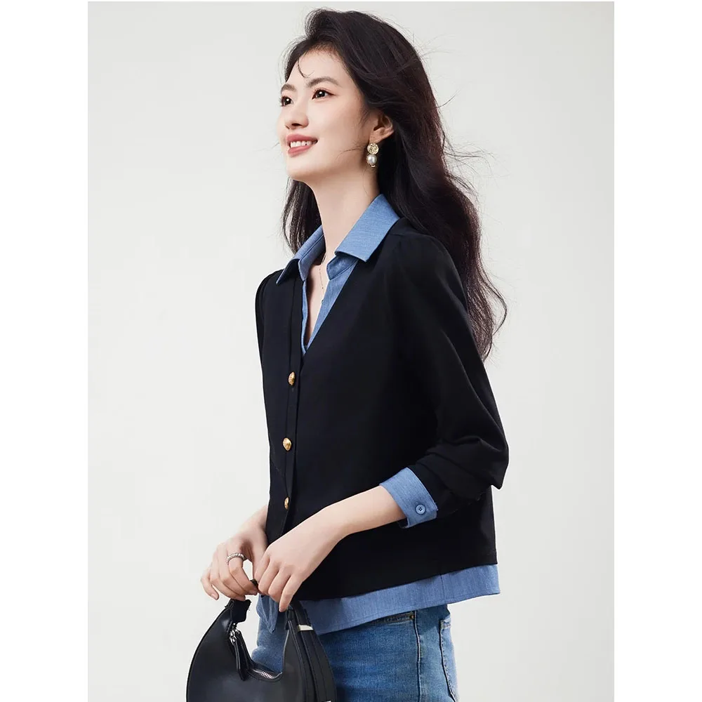 Wiosna Jesień Nowe Koszule Damskie z Wstawkami Casualowe Bluzki z Długim Rękawem Dopasowane Rozpinane na Guziki Bluzki Damskie Udawane Dwuczęściowe Bluzki Damskie