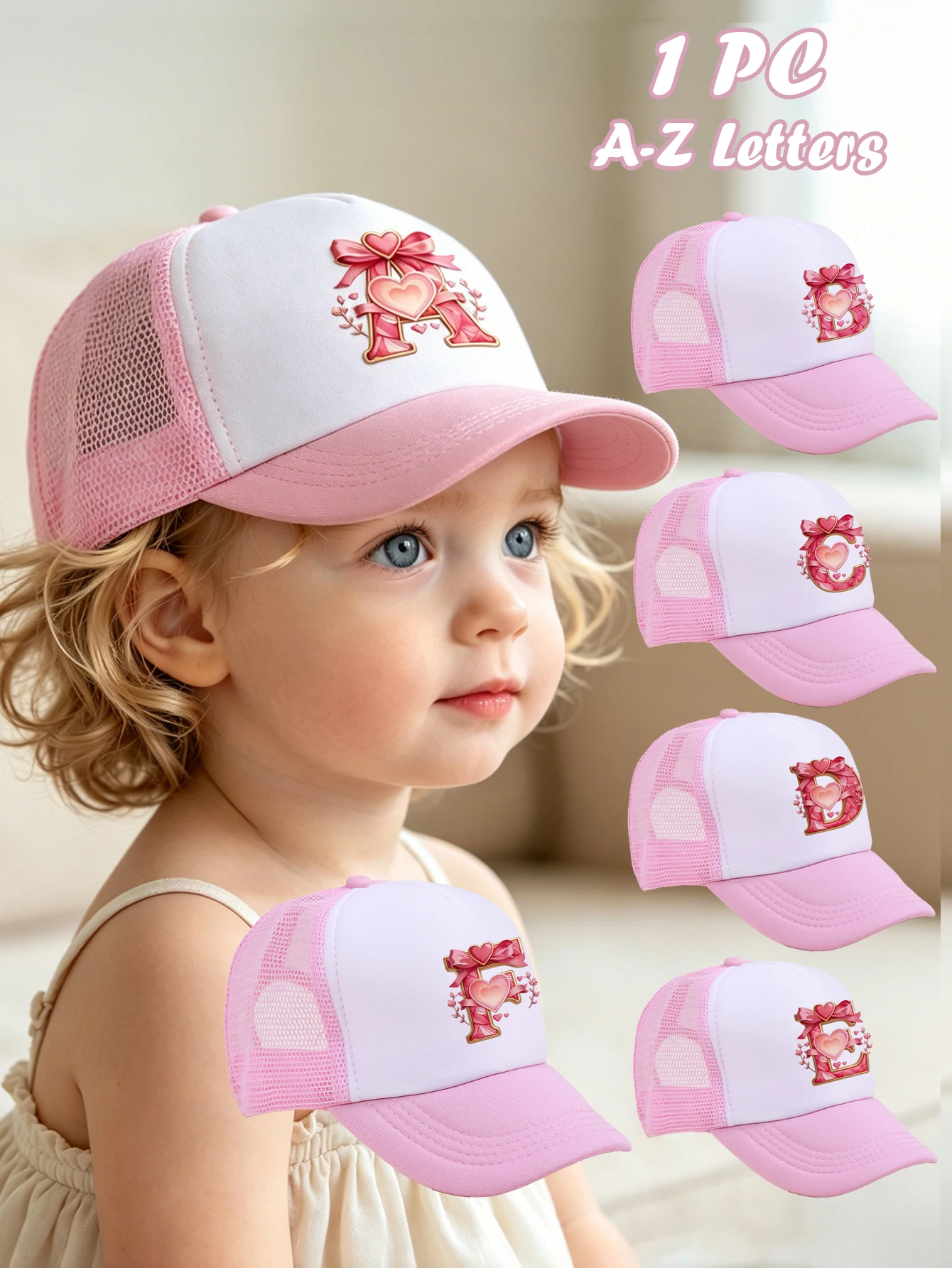 

1pc pink baby hat Adjustable Youngsters' Baseball Cap with A-Z letter Heart Bow Initial - Breathable Sun Hat for Boys and Girls