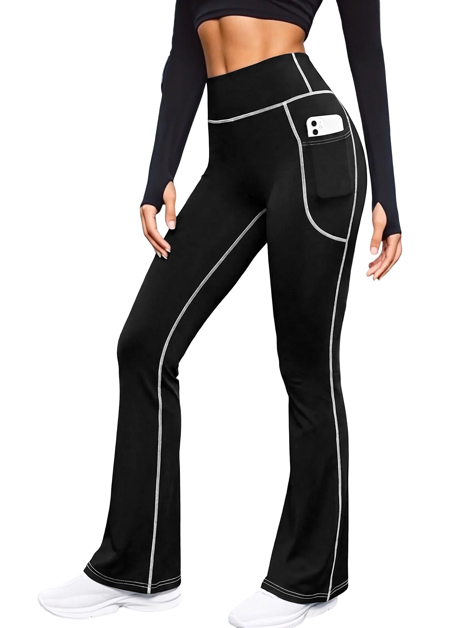 Ladies High Elastic Flare Sports Trousers White Contrast Seam Side Pocket Slim Fit Yoga Pants