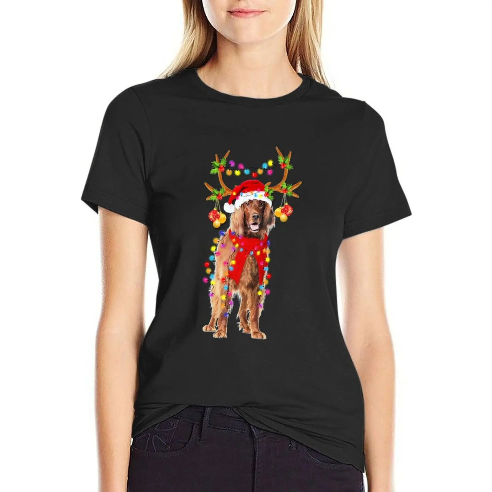 Irish Setter Gorgeous Reindeer Christmas Lights Tree Xmas Santa Claus T-Shirt lady clothes cute clothes t shirts for Womens