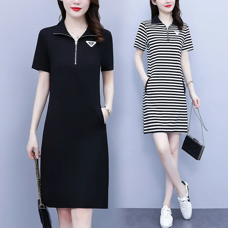 Schwarz gestreiftes T-Shirt Kleid Kurzarm schlanke koreanische Stil Baumwolle Mini kleid Turn-Down-Kragen Reiß verschluss Büro taschen Sommer