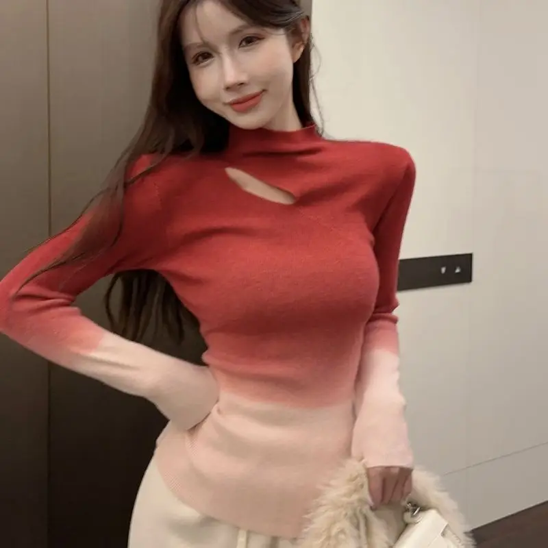 Women's Knit Sweater Gradient Purple Slim Fit Hollow Turtleneck Ladies Pullovers Offers Korean Style Fashion 2024 Thermal Jumper