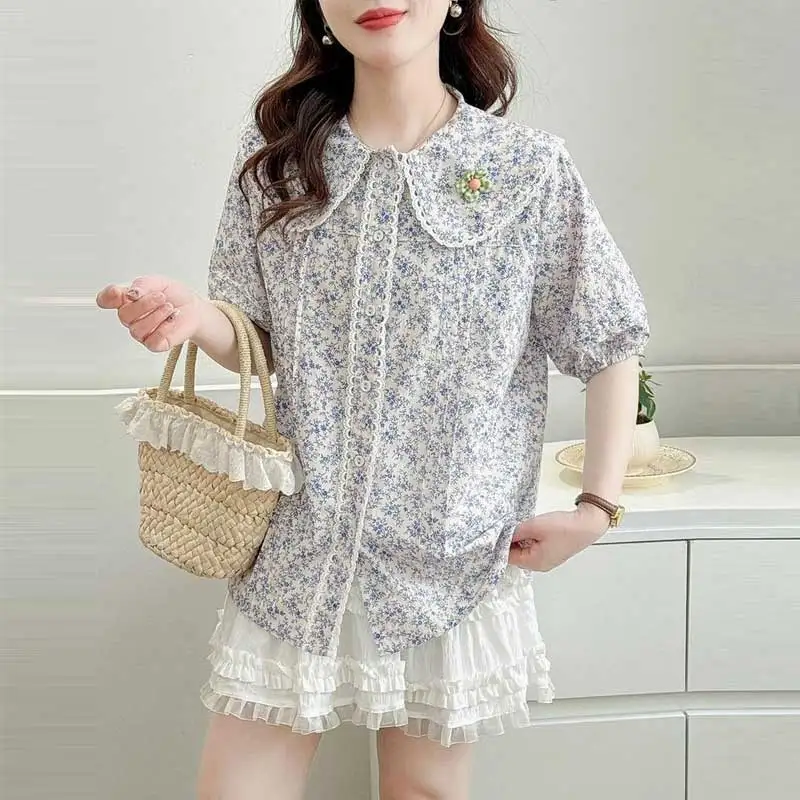 

Japanese Vintage Mori Girl Floral Printed Short Sleeve Cotton Shirts Women Cute Peter Pan Collar Casual Loose Blouse Tops