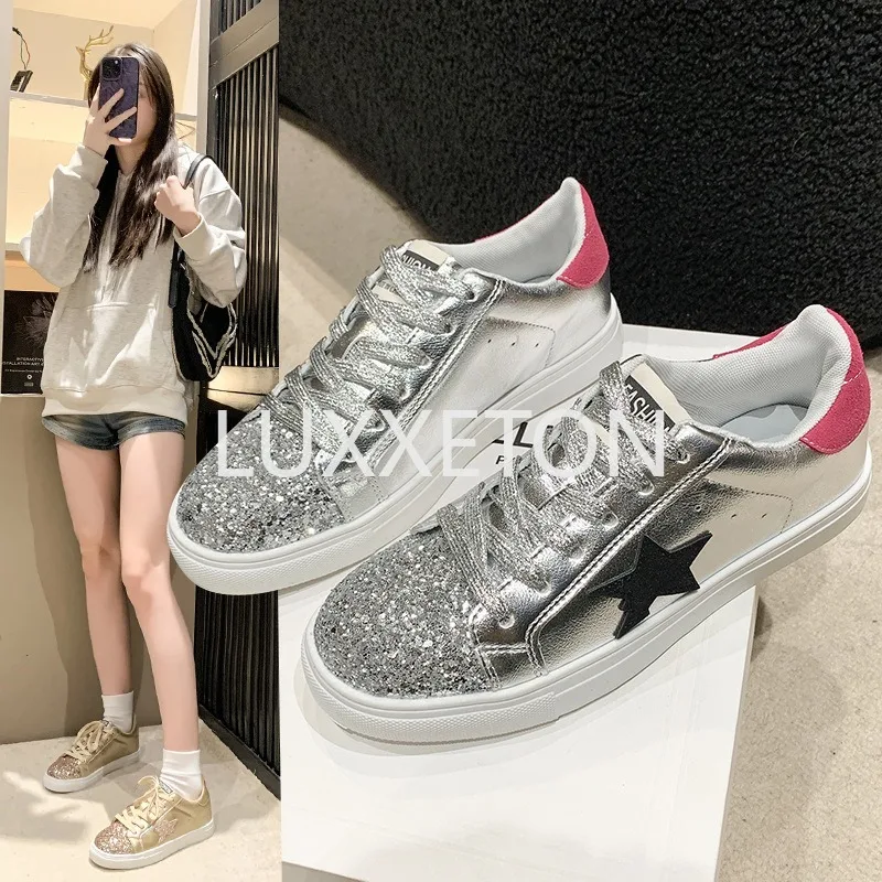 Women Leather Flat Shoes Autumn Sequined Silver Retro Couple Star Old Dirty Girl White Fashion Low Heeled Casual Sports Shoes