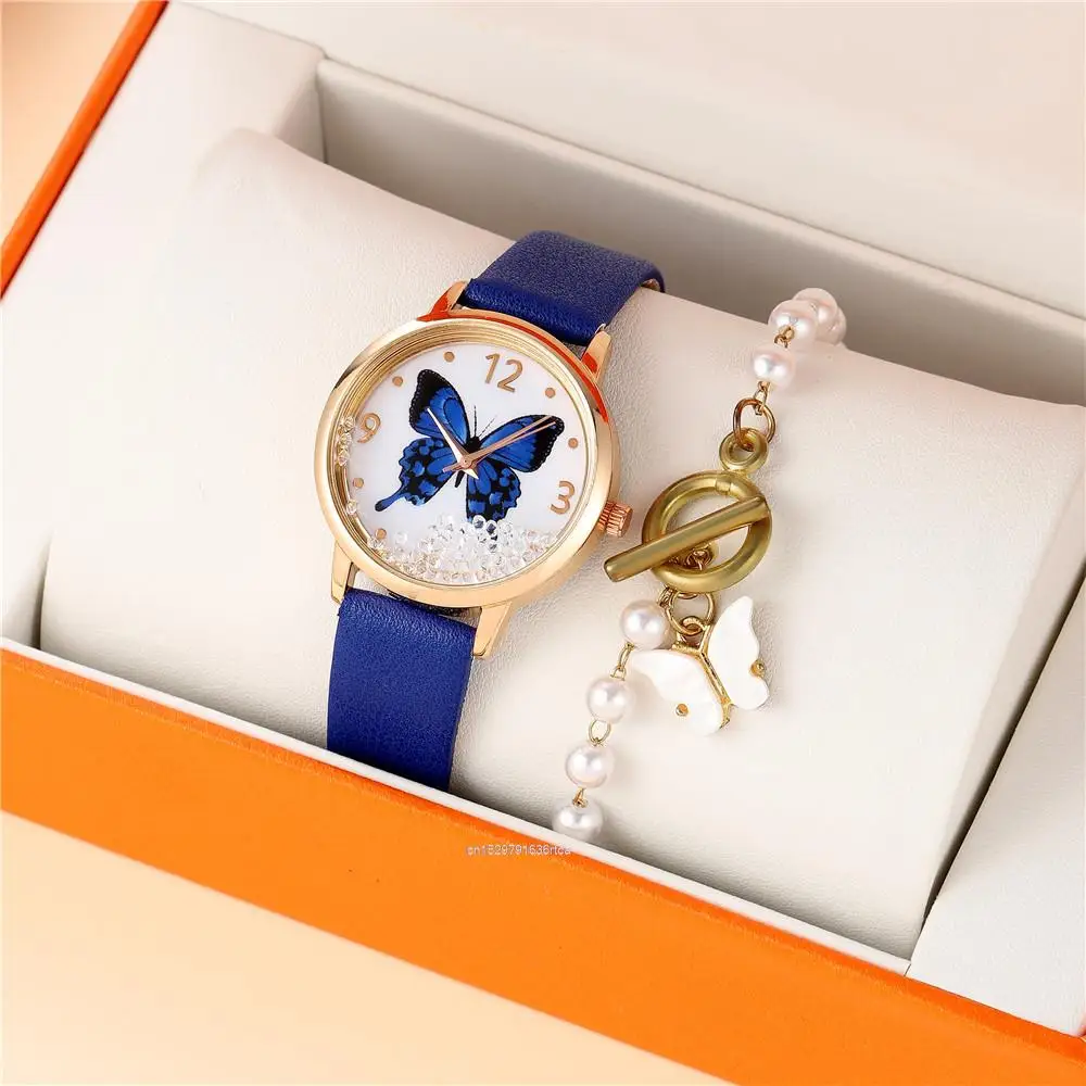 Luxury 2022 Lady Brands Watches Fashion Crystal Blue Butterfly Women Quartz Watch Leisure Leather Strap Female Clock Gifts