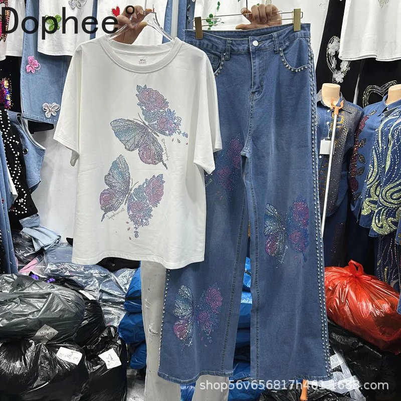 

New Spring Summer Women Two-piece Set Hot Drilling Butterfly White Short Sleeve T-shirt Top + Diamonds High Waist Denim Pants