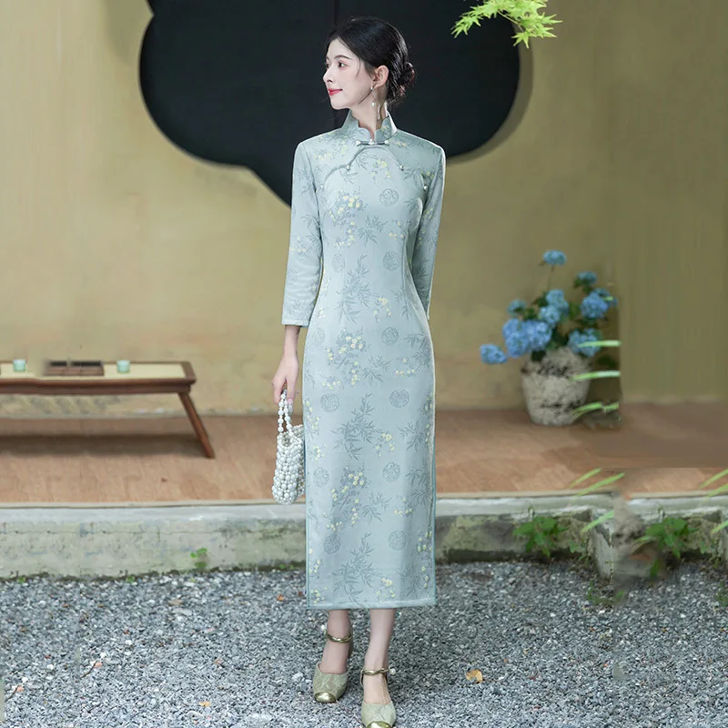 

Print Flower Long Qipao New Chinese Style Traditional Dress Elegant Vintage Novelty Cheongsam Big Size 3XL Oriental Vestidos