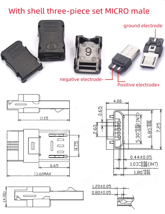 Five sets USB female male connector square port micro connector socket connector shell three piece set of MICRO male connector