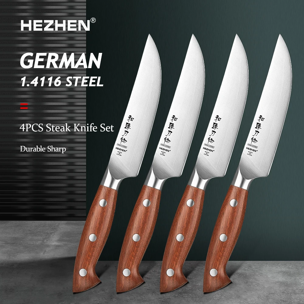 HEZHEN 1PC/4PC Steak Kitchen Knife Set German Din 1.4116 Steel Beautiful Gift Box Knives Redwood Handle Sharp Tools