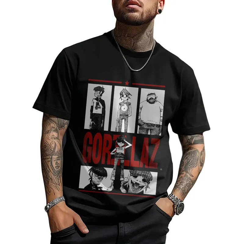 Gorillaz Virtual Rock Band Graphic T‑shirt Unisex Vintage Y2K Tee Hip Hop Streetwear 0824 Casual Cotton Tops S-6XL Fan Gift