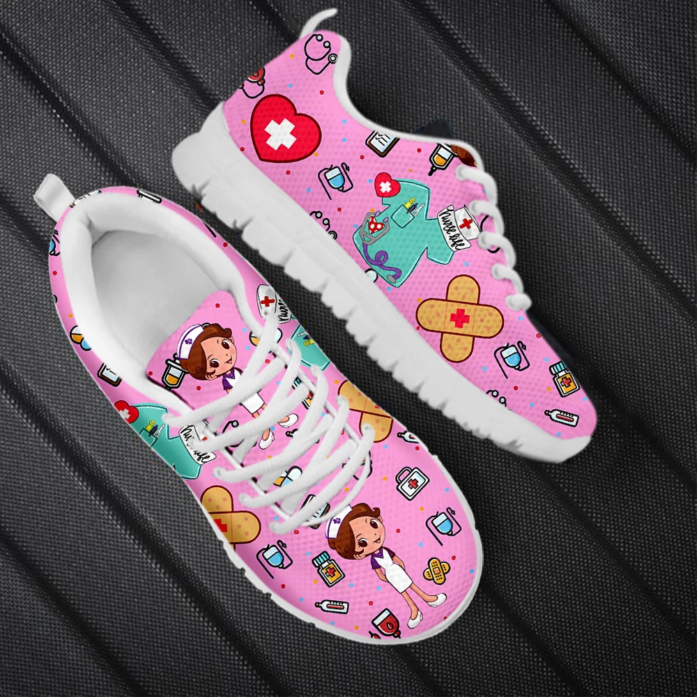 INSTANTARTS Cute Nurse Medical Supplies Pattern Breathable Sneakers for Women Outdoor Lightweight Flat Shoes Girls Nurse Shoes