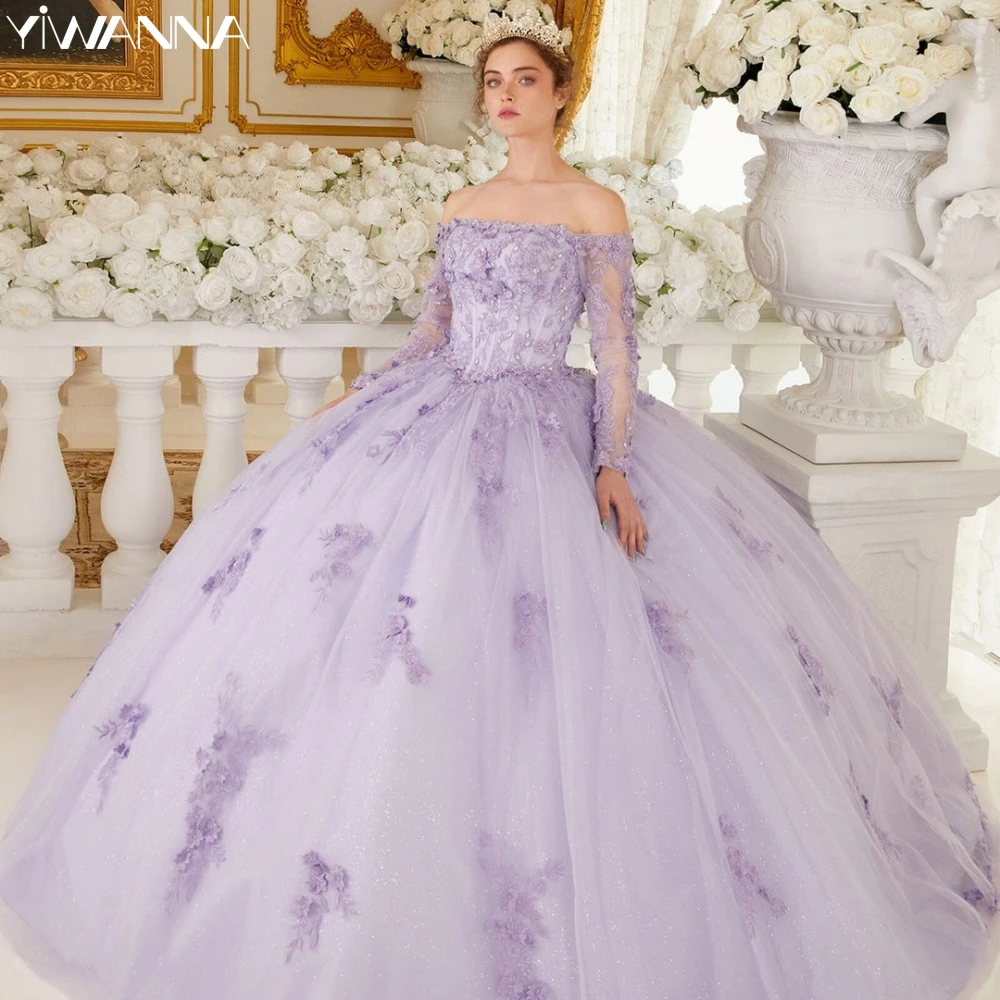 Glitter Purple Quinceanrra Prom Dresses Classic Lace Appliques Princess Long Beautiful Elegant Sweet 16 Dress Vestidos