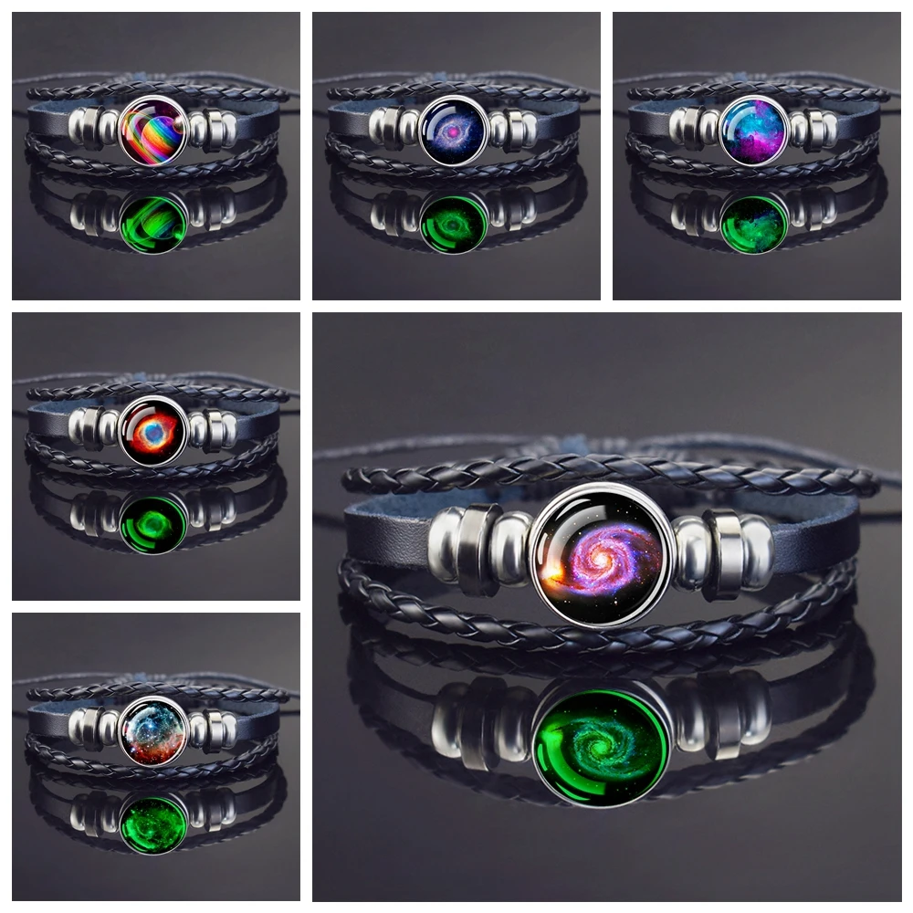 Luminous Multicolor Planet Bracelets Glass Dome Galaxy Universe Outer Space Glowing Leather Bracelet Astronomical Jewelry Gift