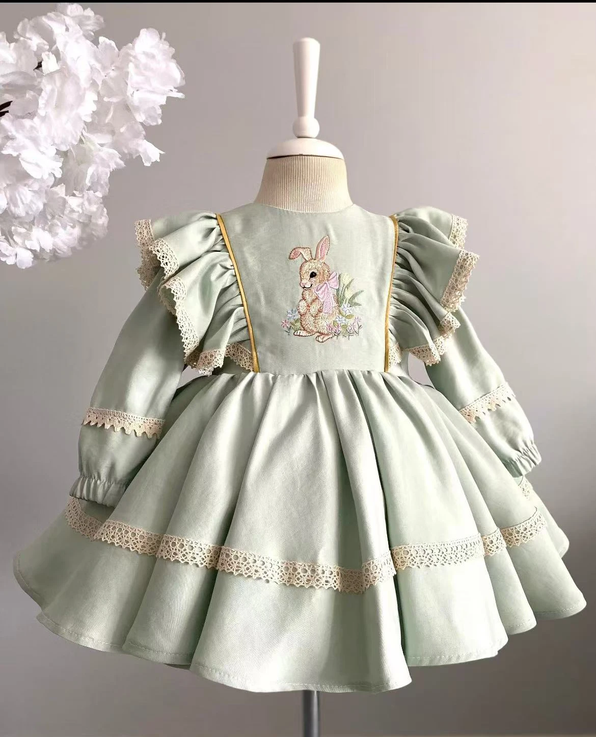 Baby Girl Spring Autumn Rabbit Embroidery Vintage Turkish Princess Ball Gown Green Dress for Eid Birthday Easter Photography C87