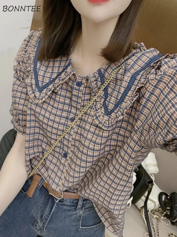 Shirts Women Classic Plaid Simple All-match Age-reducing Peter Pan Collar Design Kawaii Attractive Puff Sleeve Students Leisure