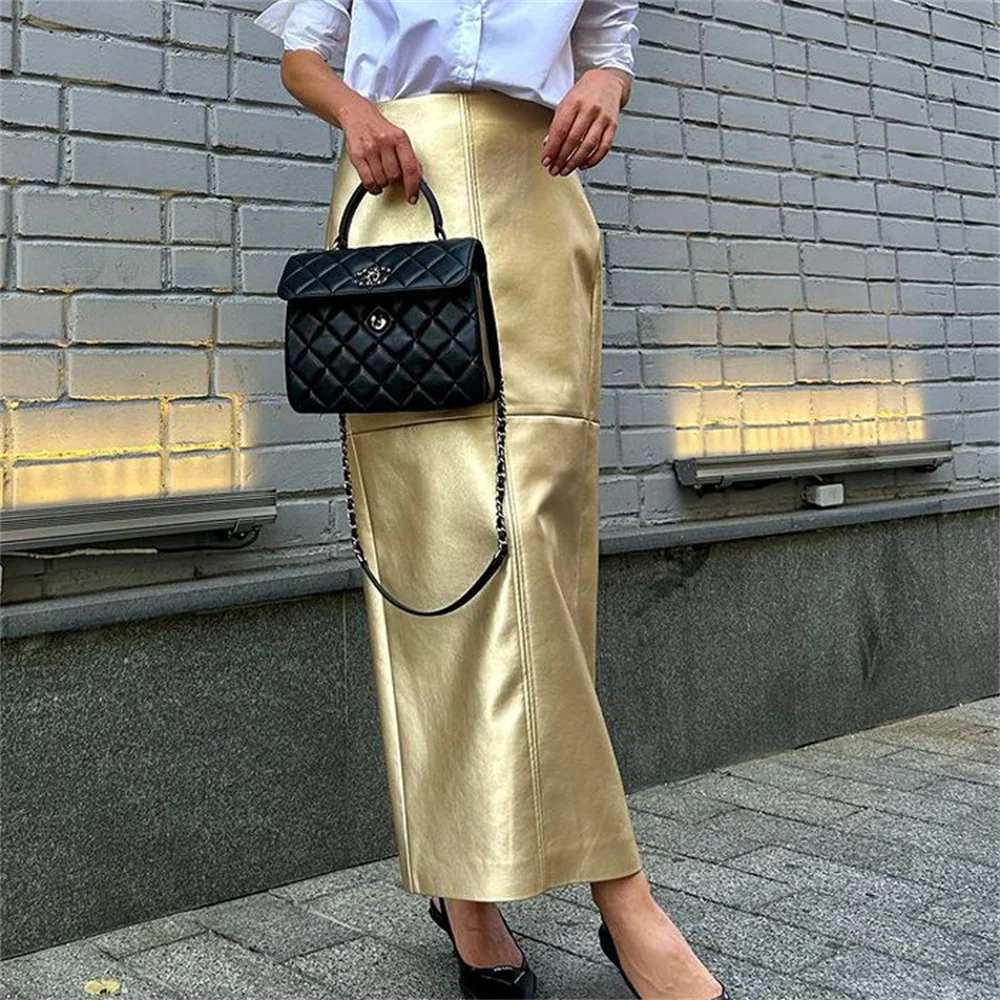 

Women Sliver PU Leather Midi Skirt Fashion Gold Patchwork Straight High Waist Skirts Casual Classic Street Clothing Bottoms