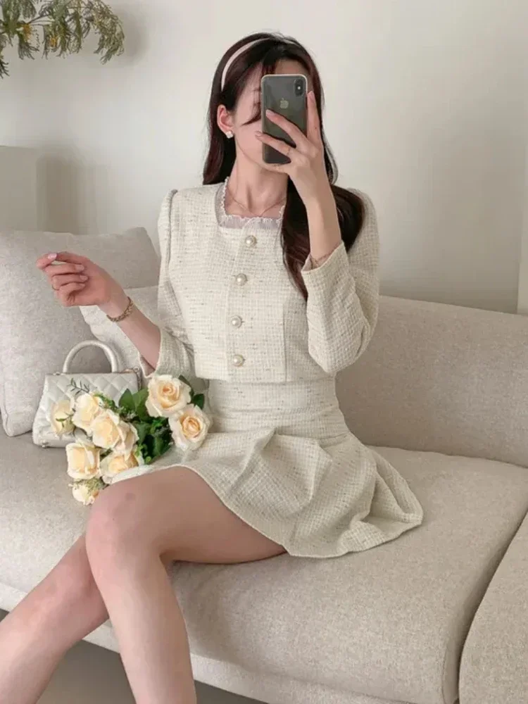 Fashion Korea Elegant Tweed Small Fragrance Short Jacket Cropped Coats + High Waist Mini Skirts Suits Slim Women Two Piece Sets