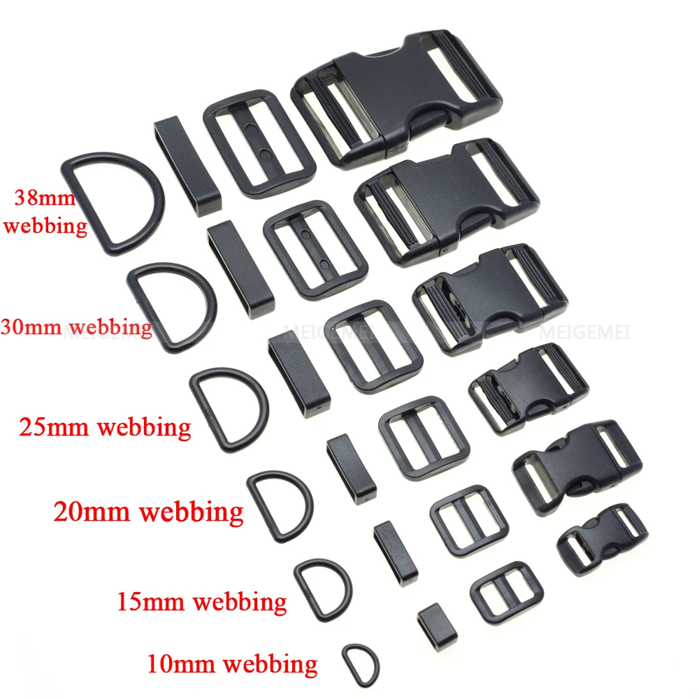 1 set 10mm 15mm 20mm 25mm 30mm 38mm Plastic Slider Adjustable D Rings Belt Loop Curved Side Release Buckles For Paracord