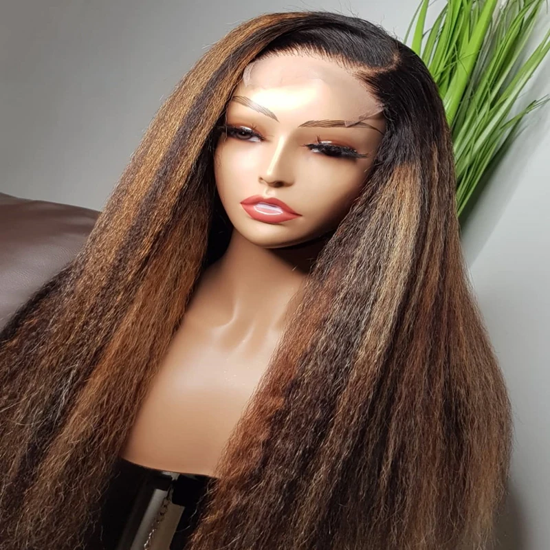 

Yaki Long Glueless Highlight Blonde 26“ 180Density Kinky Straight Lace Front Wig For Women BabyHair Preplucked Heat Resistant