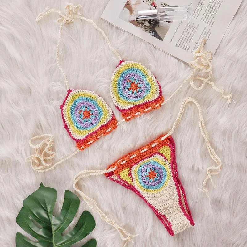 

Women's Swimsuit Handmade Knitted Crochet Tie Bikini Two-Piece Set
