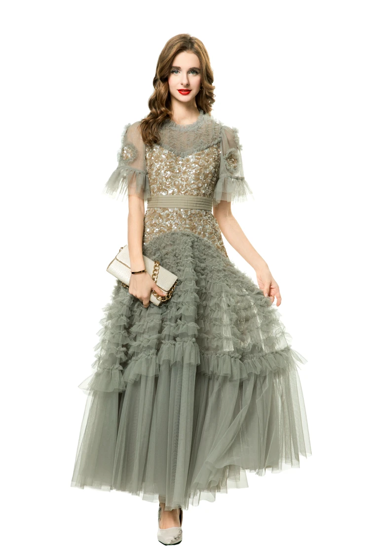 ชุดสตรี O คอสั้นแขน Appliques Tiered Ruffles Layered Elegant แฟชั่น Party ชุดราตรี Vestidos