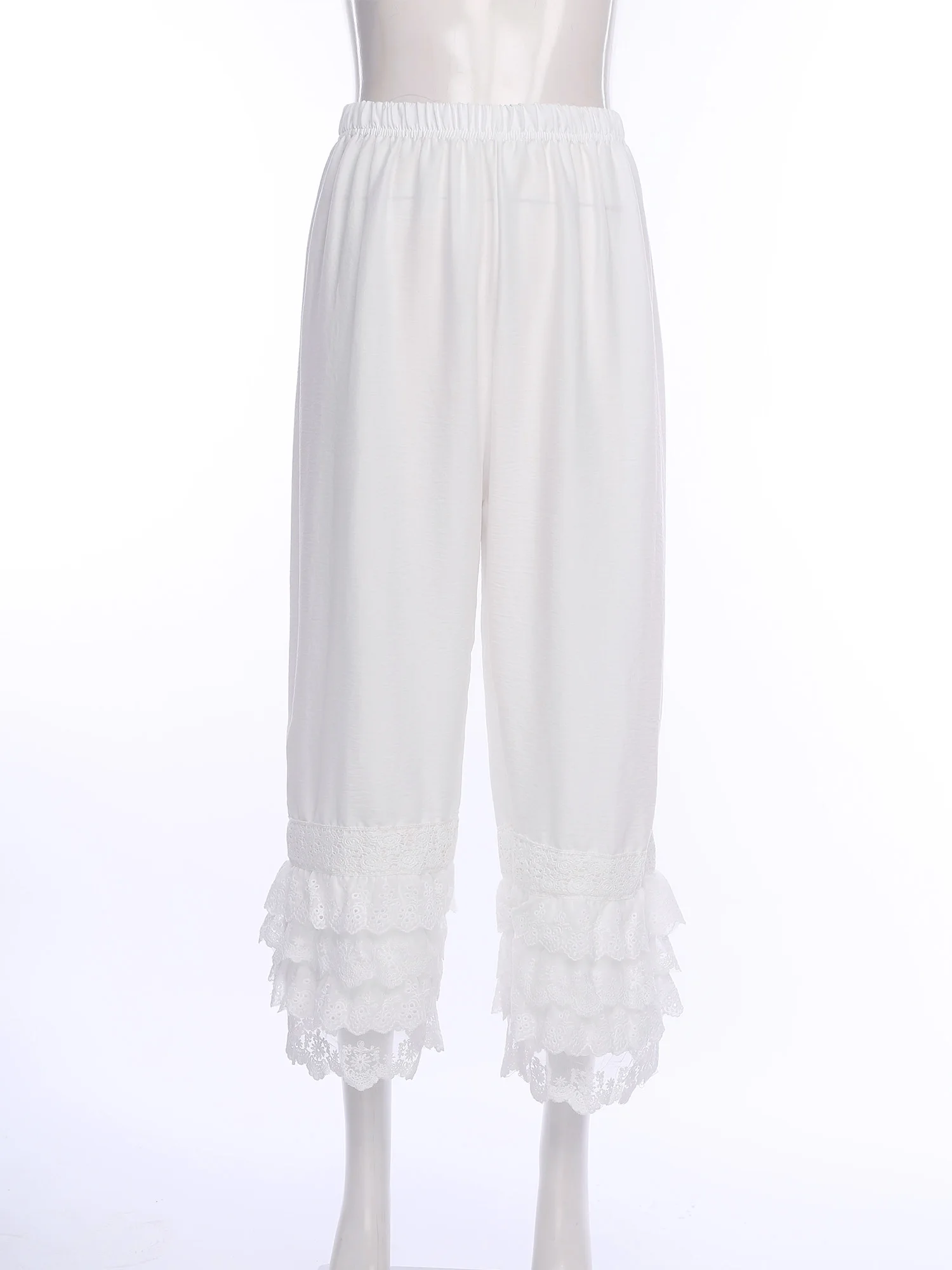 Women Lace Trim Pants Vintage Pettipants Bohemian Long Bloomers Pants Trousers Elastic Waist 4-Layer Cute Ruffle Pumpkin Pants