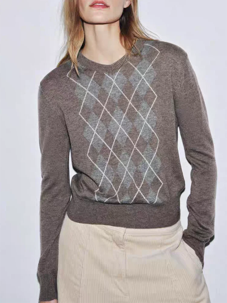 

Faionable Sweet Knitted Sweater Diamond Pattern New Arrival Autumn 2025 Women's Loose Fit Long Sve round Ne Casual Sle