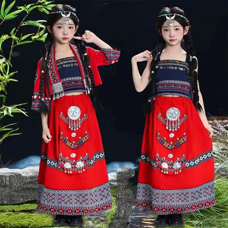 

Детский национальный костюм Минори, одежда для выступлений, Чжуан Яо Ва, одежда для этнических танцев, одежда Hu Ni Miao National St...