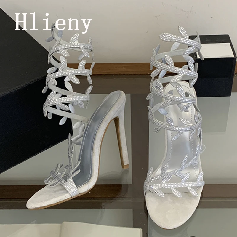 

Hlieny Sexy Crystal Leaf Narrow Band Woman Sandals Fashion Ankle Strap Thin High Heels Street Style Pole Dancing Ladies Shoes