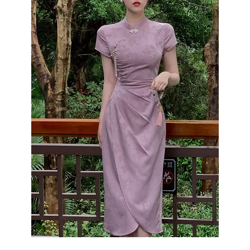 robe-longue-en-jacquard-violet-nouveau-style-chinois-cheongsam-manches-courtes-costumes-de-mariage-robe-formelle-s-a-xxl-ete-2024
