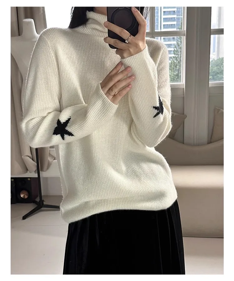 

Pure Cashmere Bottoming Shirt for Female, Thick High-Necked Bottoming Shirt, Gold ingot Needle Pile Collar, Knitted Cuff, Star S