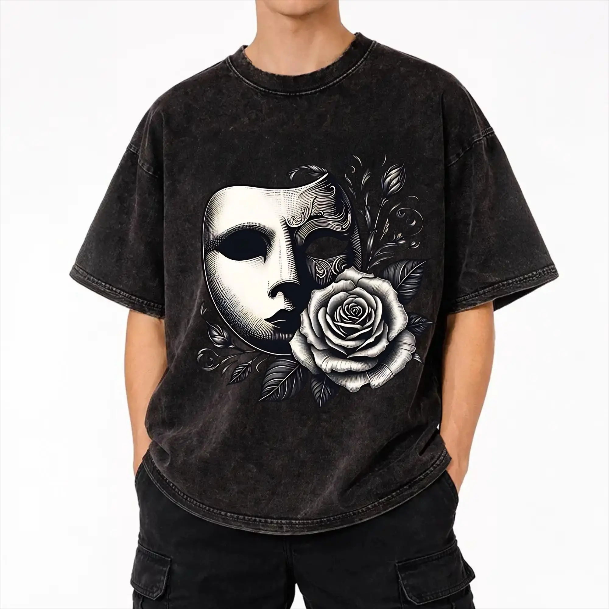Harajuku Washed Shirts Phantom of The Opera Outfit Casual T Shirt Harajuku  Streetwear 100% Cotton Summer Tee Shirt
